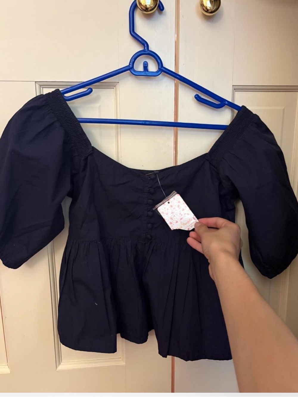 Free People Navy Off-Shoulder Puff Sleeve Button-Front Top